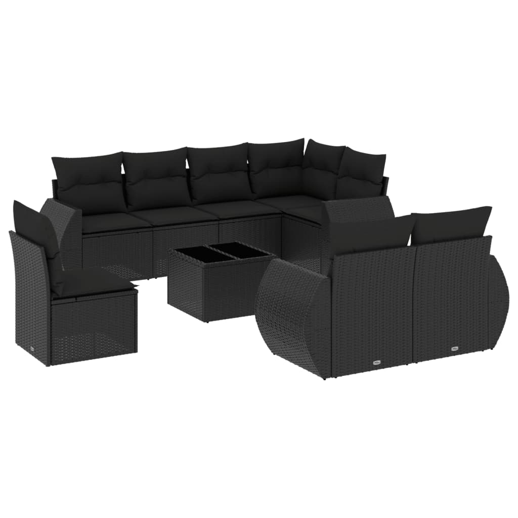 Set mobilier de grădină cu perne, 9 piese, negru, poliratan