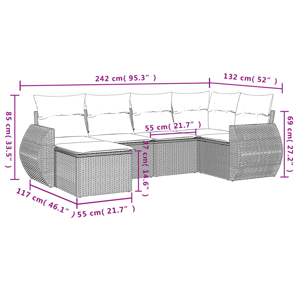 Set mobilier de grădină cu perne, 6 piese, negru, poliratan