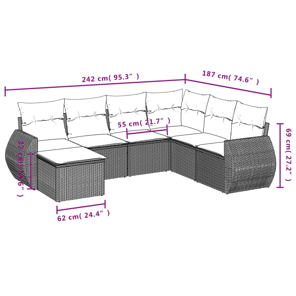 Set canapele de grădină cu perne, 7 piese, negru, poliratan