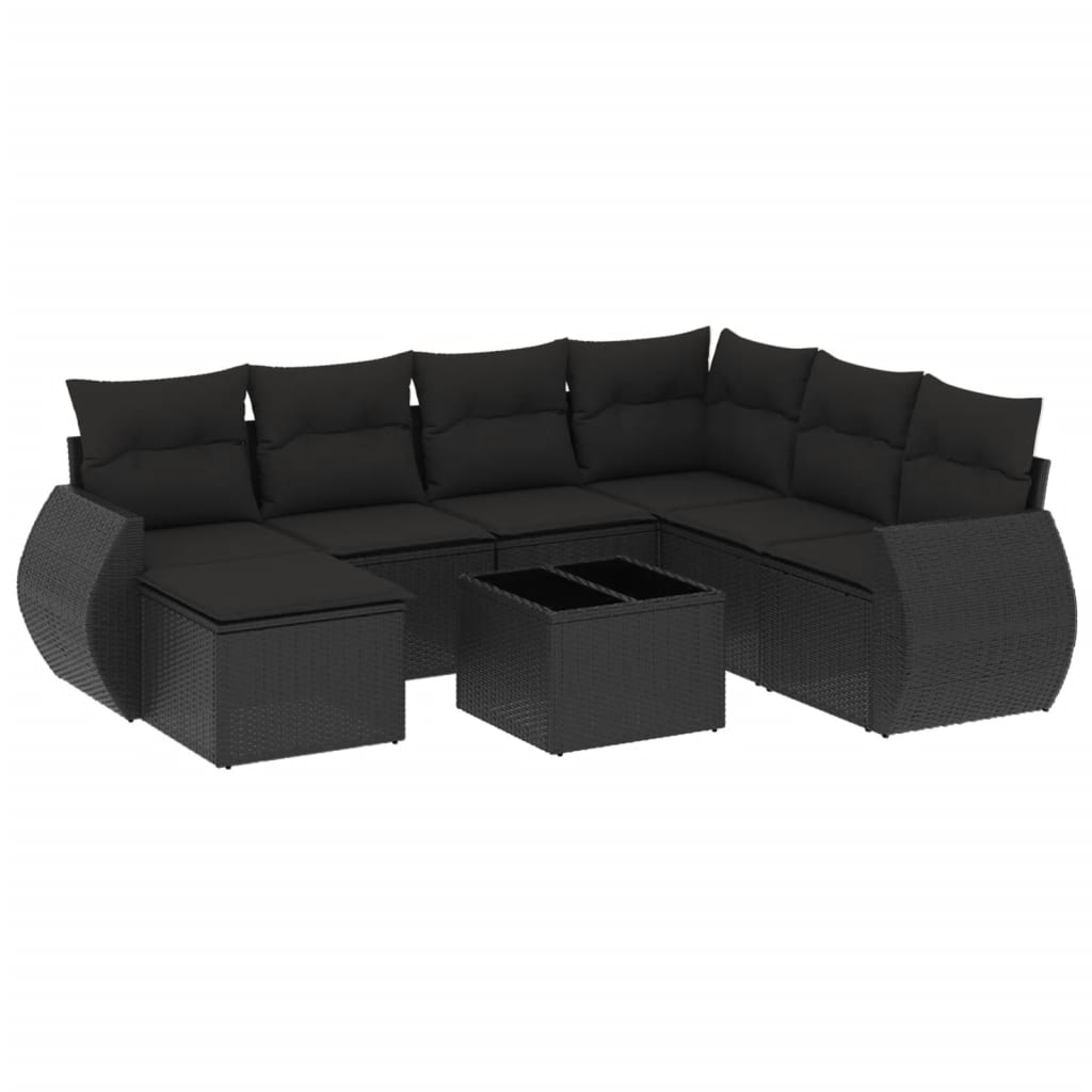 Set mobilier de grădină cu perne, 8 piese, negru, poliratan