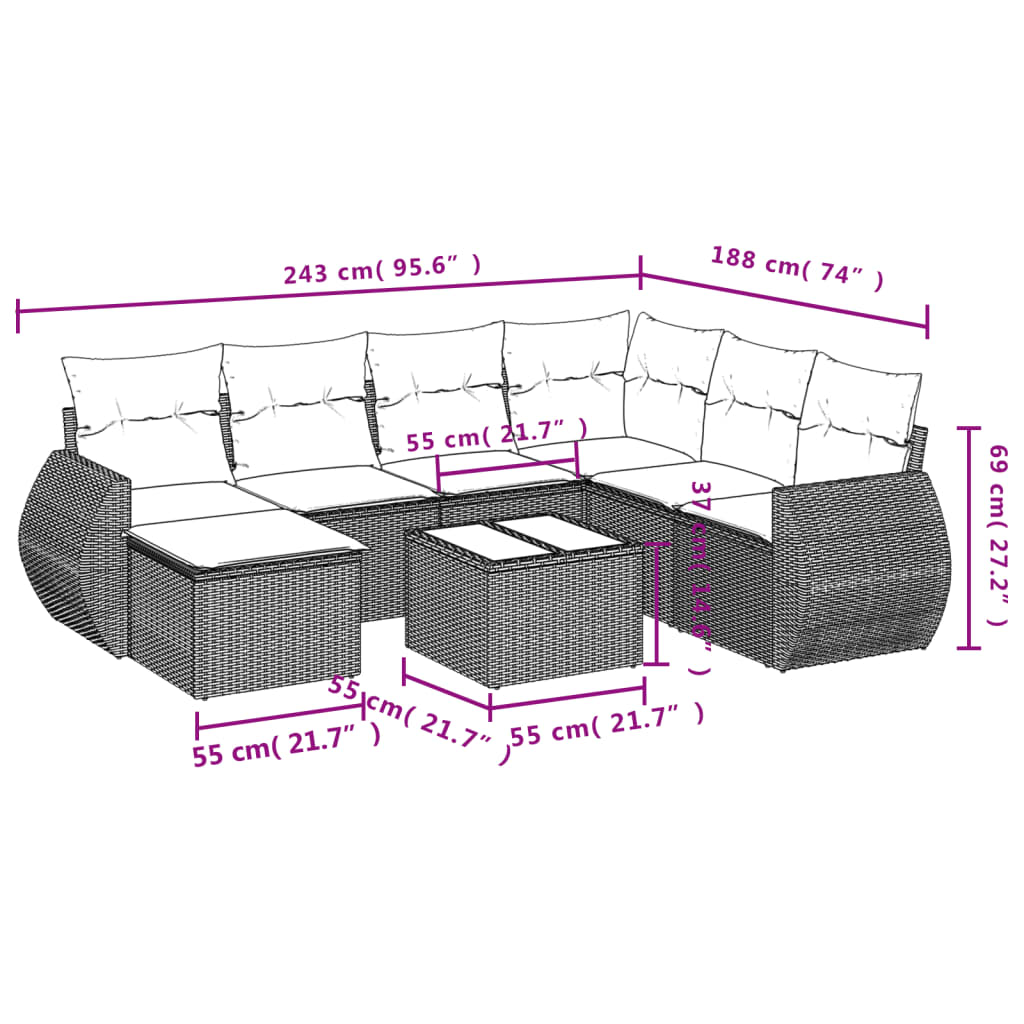 Set mobilier de grădină cu perne, 8 piese gri deschis poliratan