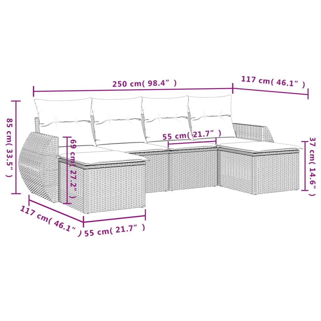 Set mobilier de grădină cu perne, 6 piese, negru, poliratan