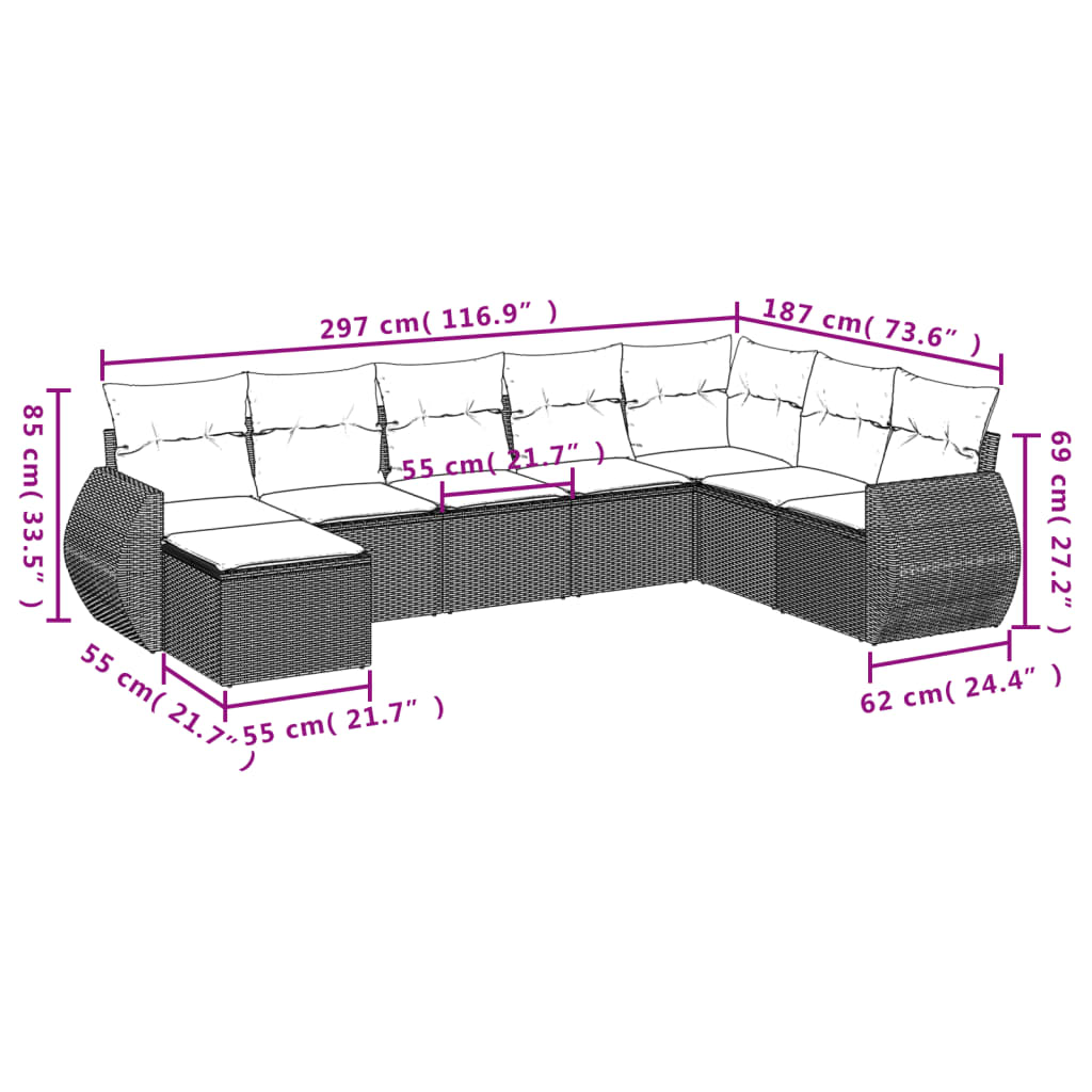 Set mobilier de grădină cu perne, 8 piese gri deschis poliratan