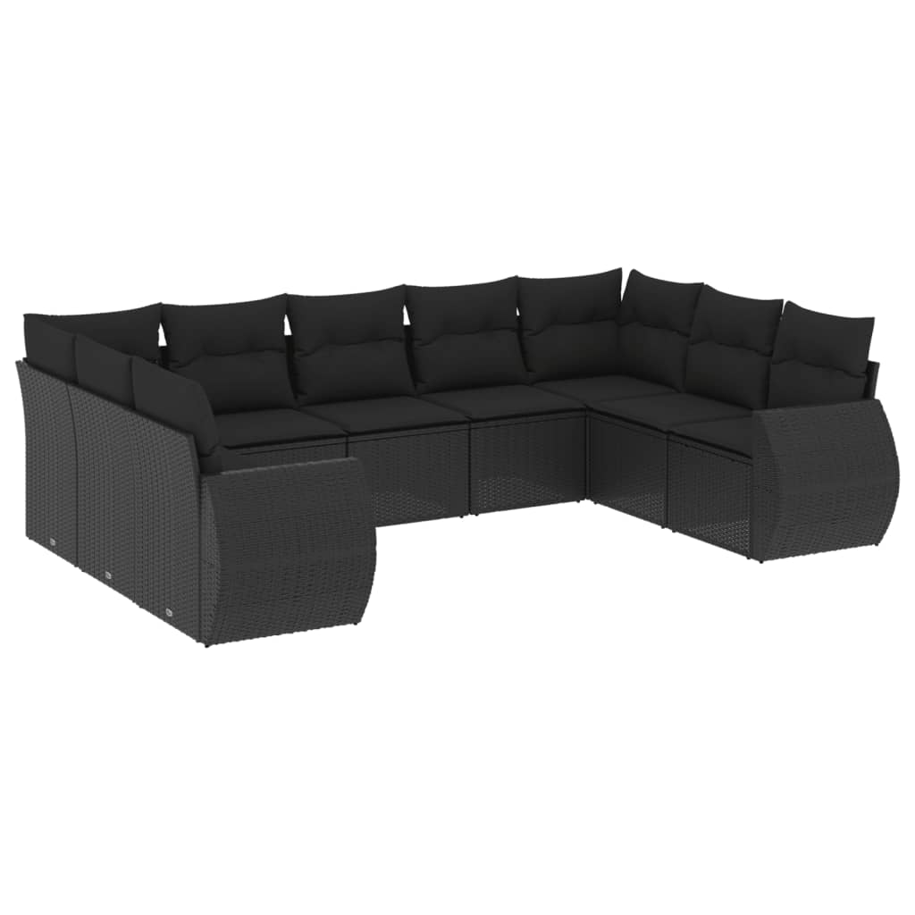 Set mobilier de grădină cu perne, 9 piese, negru, poliratan