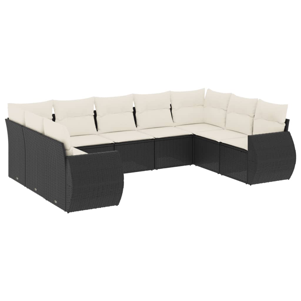 Set mobilier de grădină cu perne, 9 piese, negru, poliratan