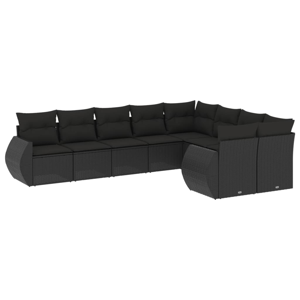 Set mobilier de grădină cu perne, 9 piese, negru, poliratan