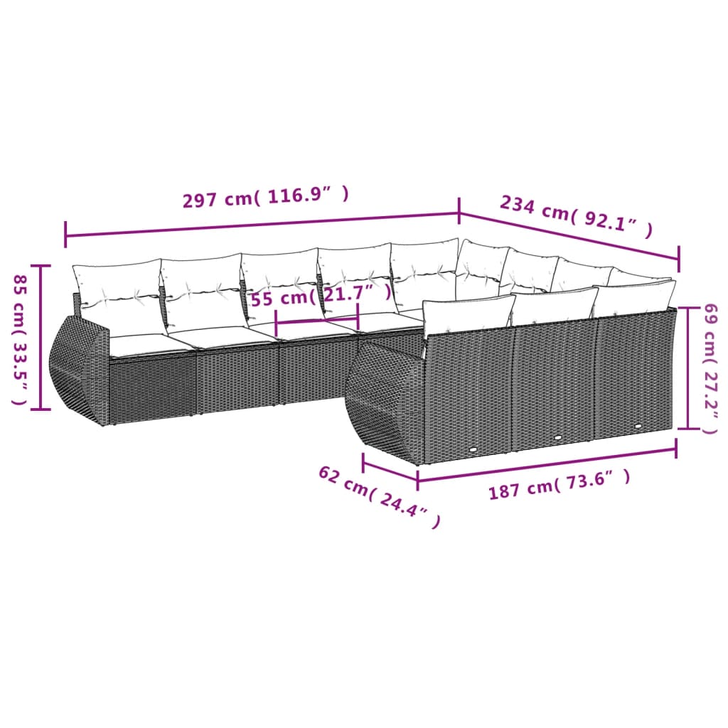 Set canapele de grădină cu perne, 10 piese, negru, poliratan