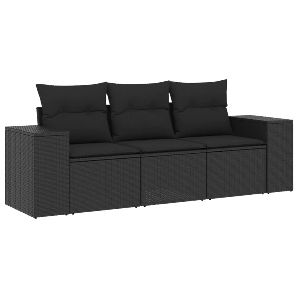 Set mobilier de grădină cu perne, 3 piese, negru, poliratan