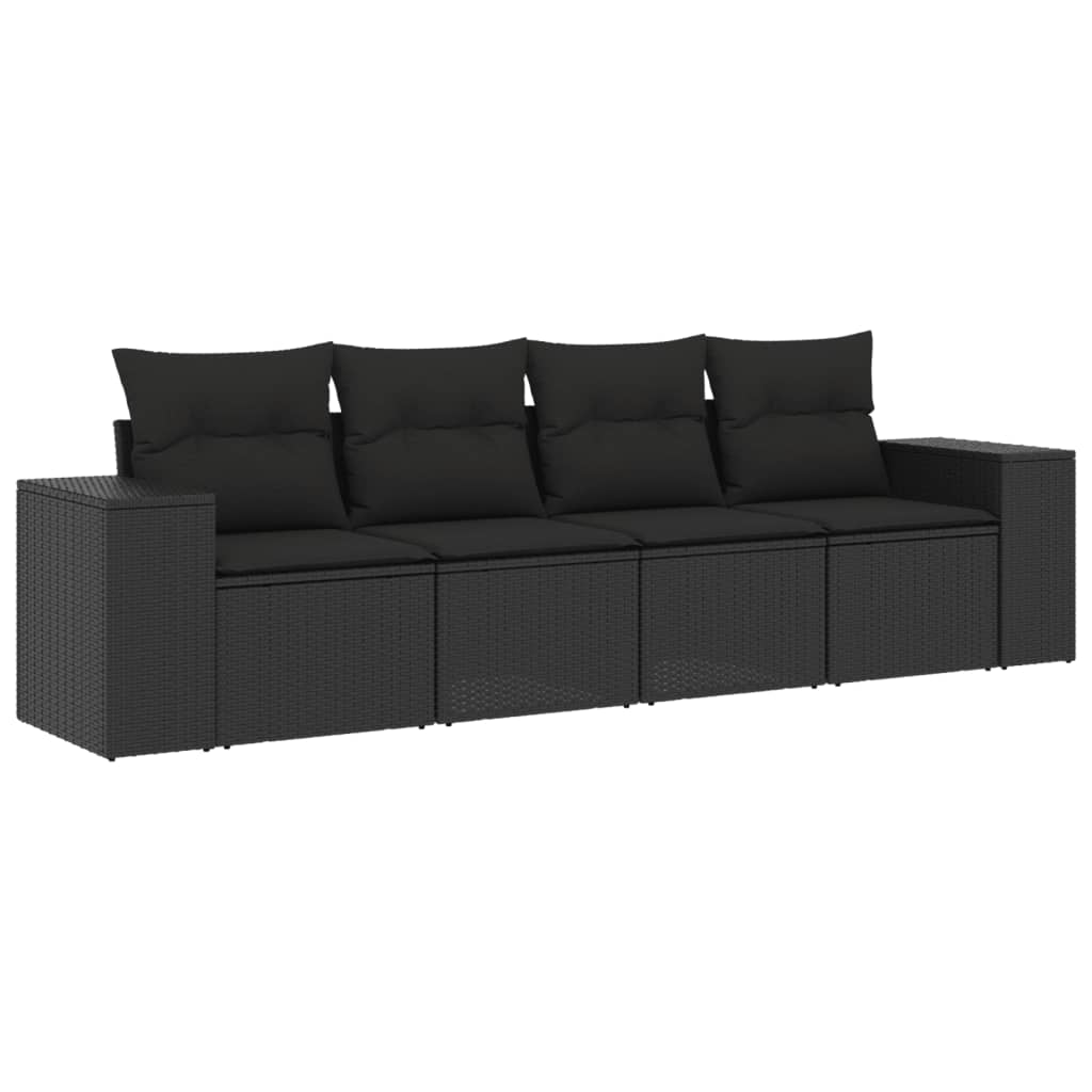 Set mobilier de grădină cu perne, 4 piese, negru, poliratan