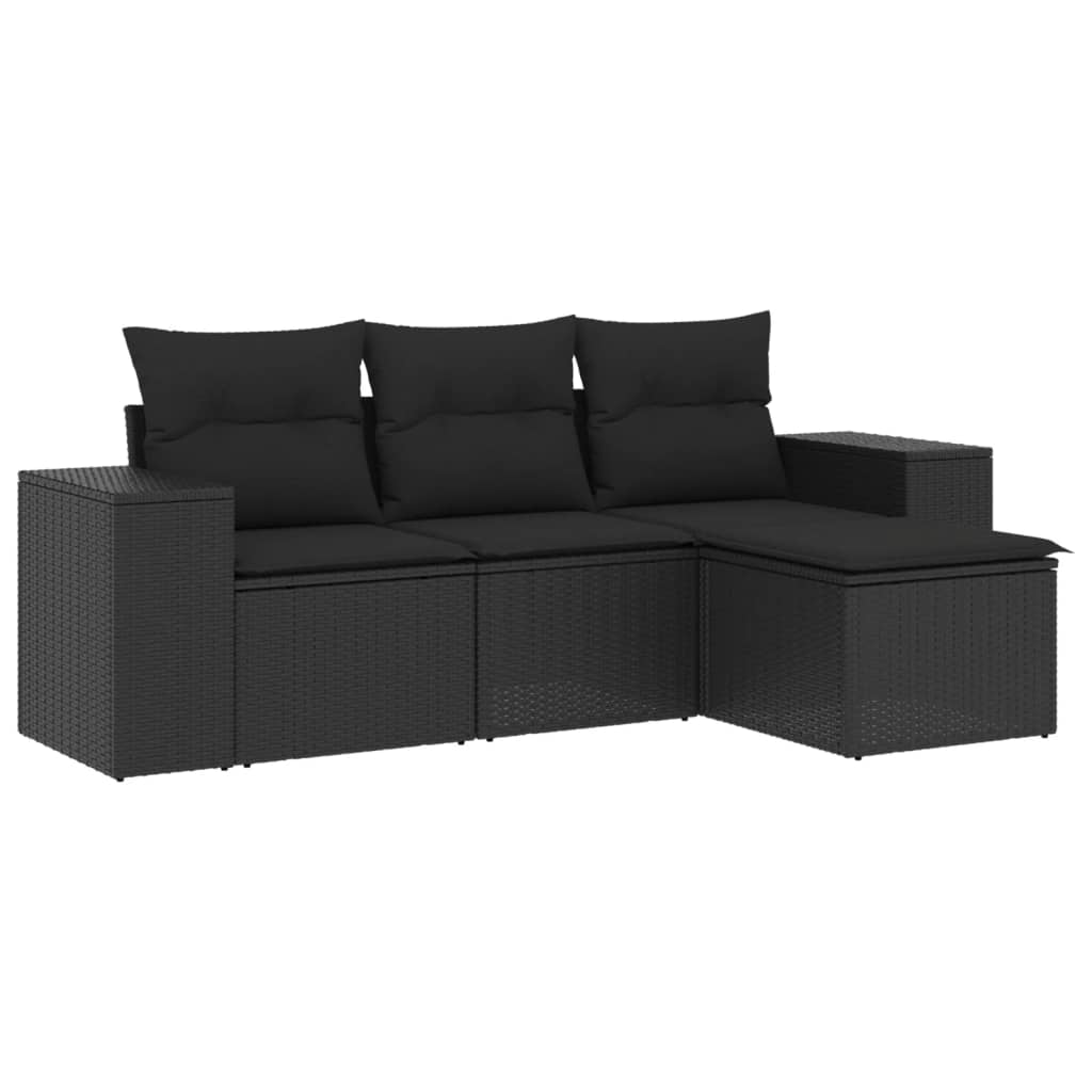 Set mobilier de grădină cu perne, 4 piese, negru, poliratan