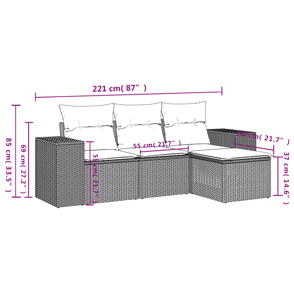 Set mobilier de grădină cu perne, 4 piese, negru, poliratan