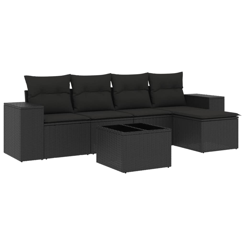 Set mobilier de grădină cu perne, 6 piese, negru, poliratan