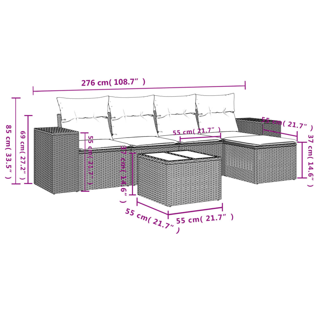 Set mobilier de grădină cu perne, 6 piese, negru, poliratan