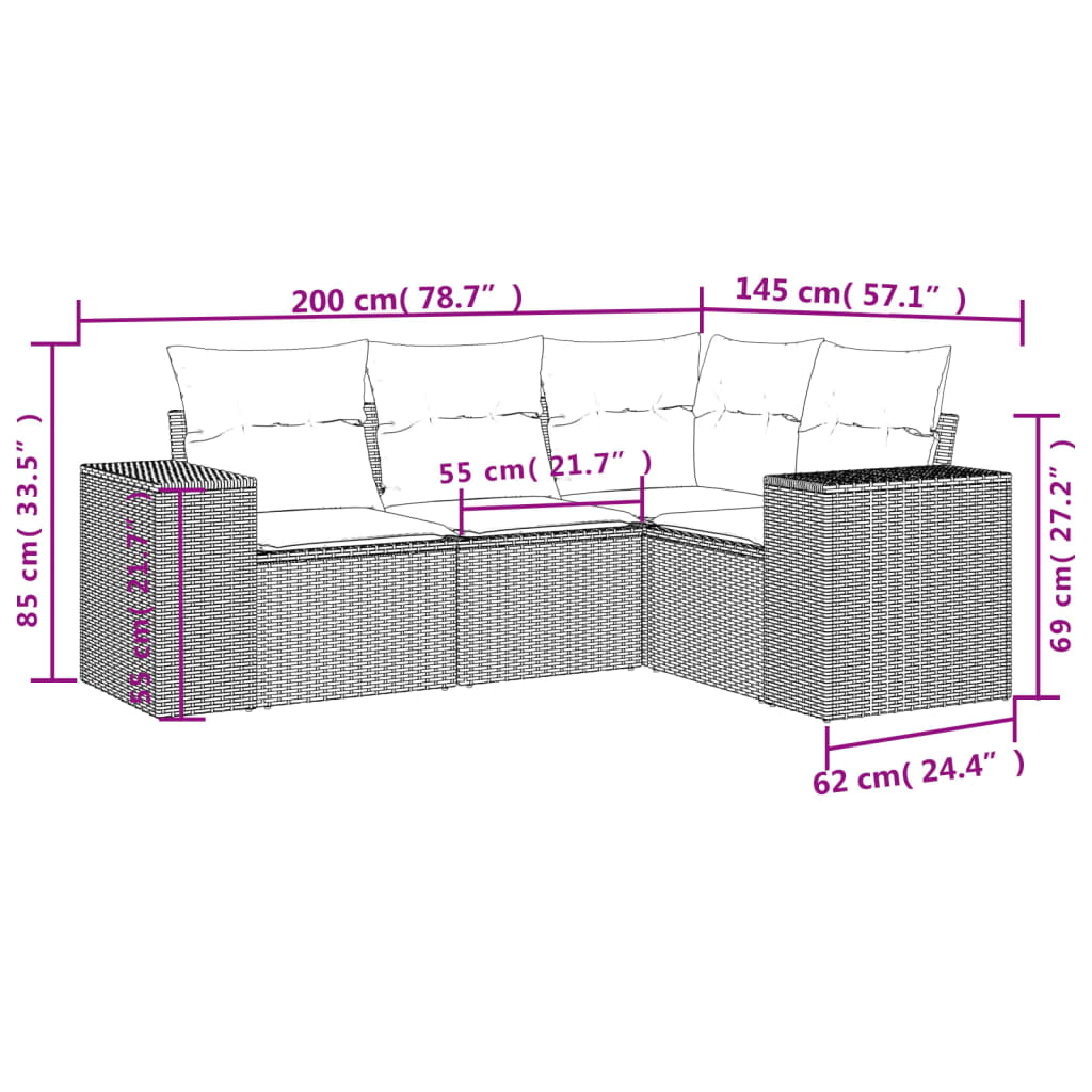 Set mobilier de grădină cu perne, 4 piese, negru, poliratan