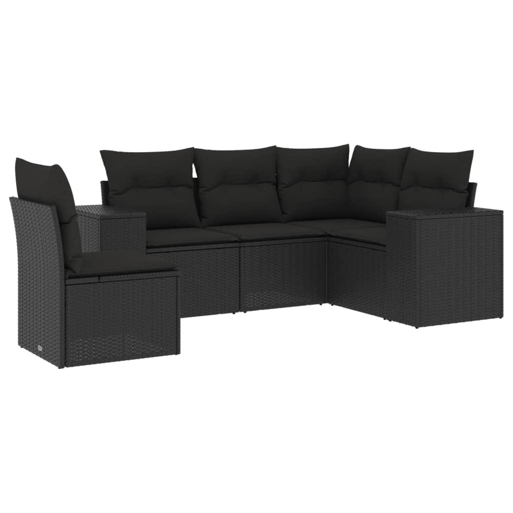 Set mobilier de grădină cu perne, 5 piese, negru, poliratan