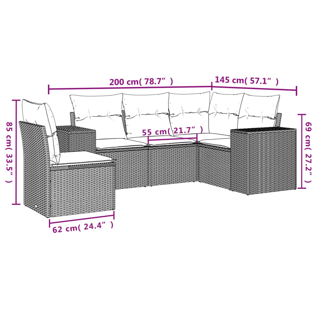 Set mobilier de grădină cu perne, 5 piese, negru, poliratan