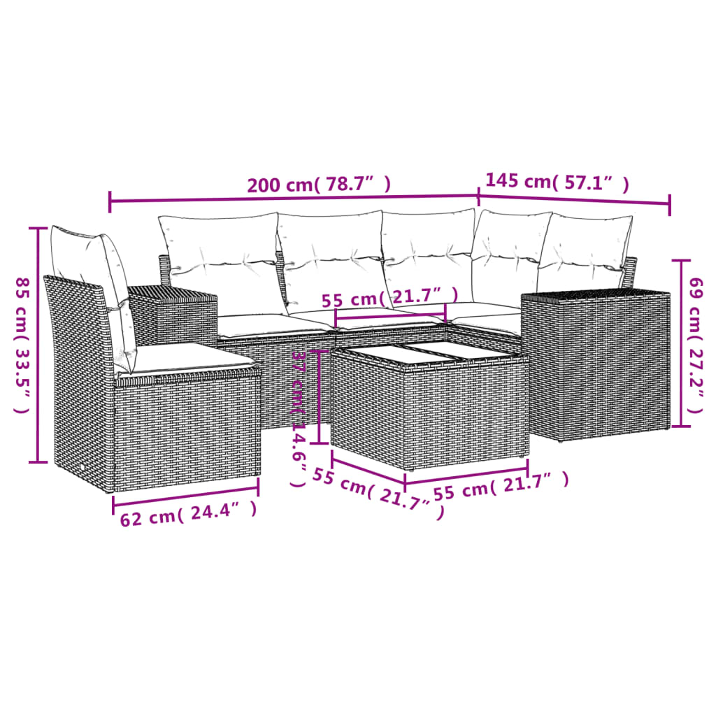 Set mobilier de grădină cu perne, 6 piese, negru, poliratan