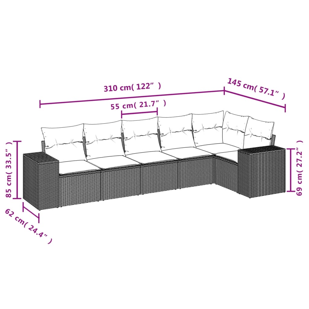 Set mobilier de grădină cu perne, 6 piese, negru, poliratan