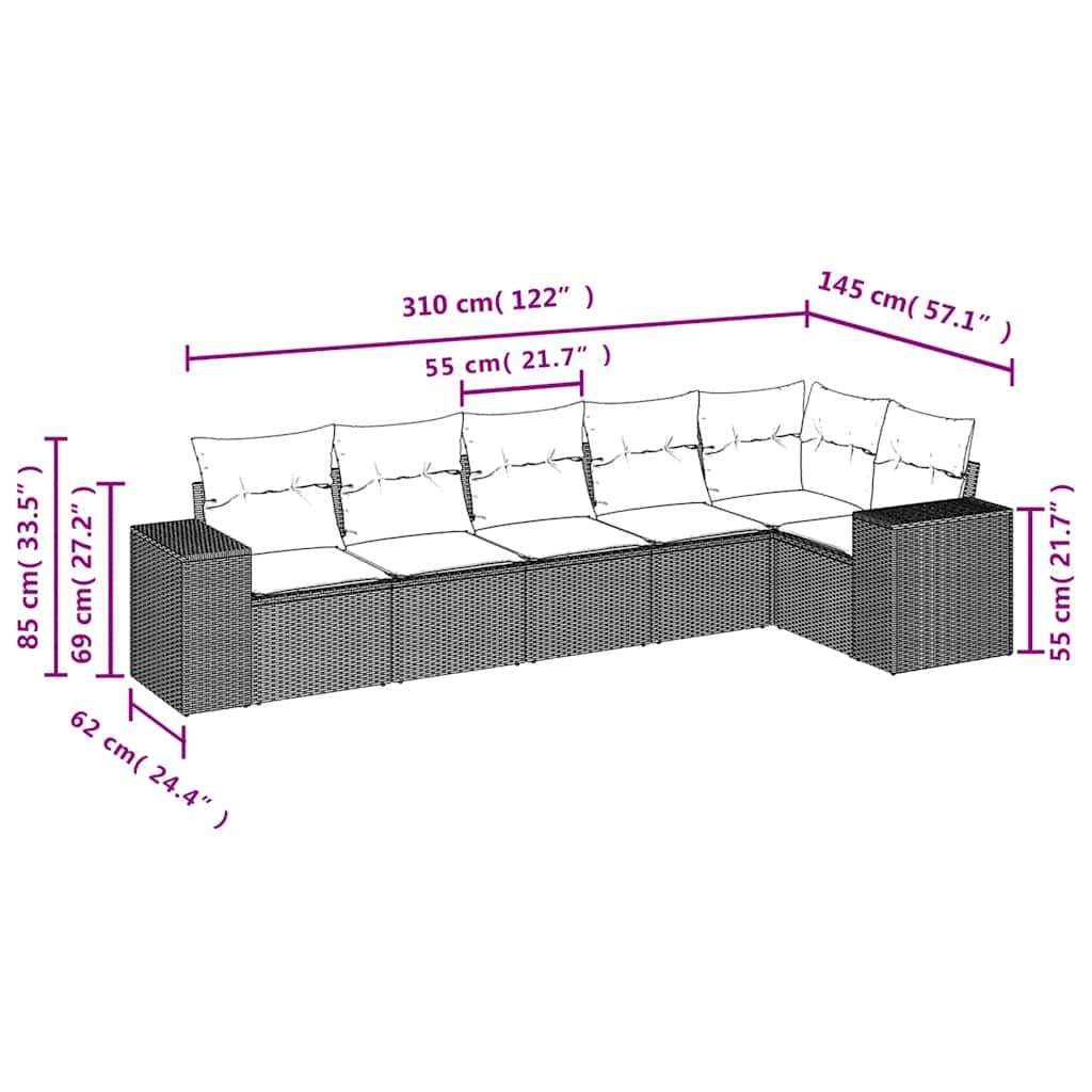 Set canapele de grădină cu perne, 6 piese, maro, poliratan