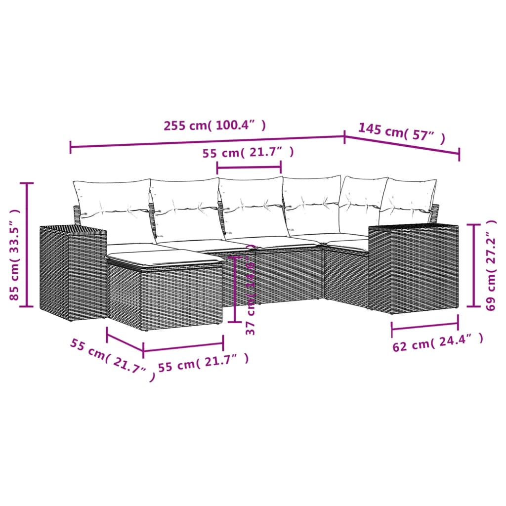 Set mobilier de grădină cu perne, 6 piese, negru, poliratan