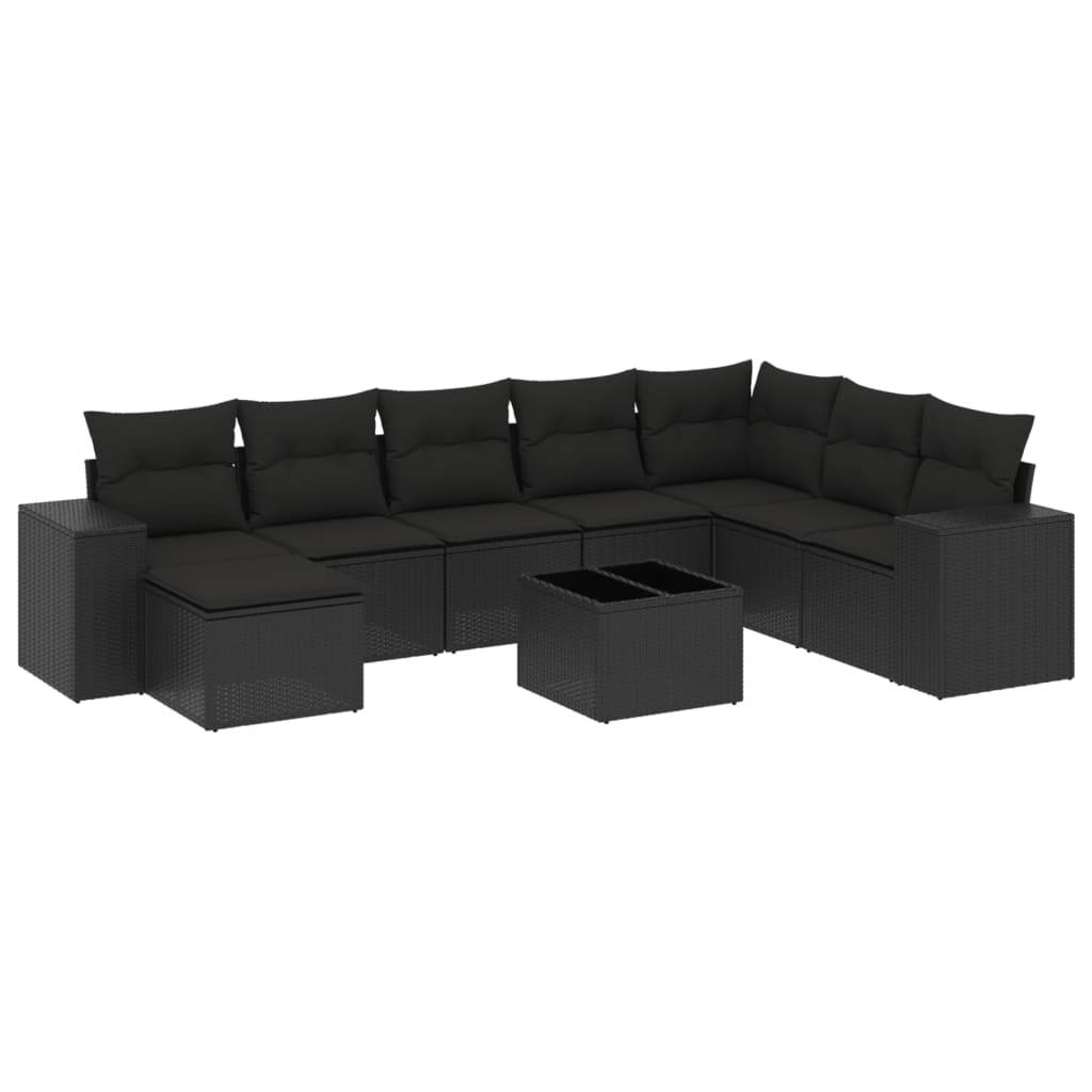 Set mobilier de grădină cu perne, 9 piese, negru, poliratan