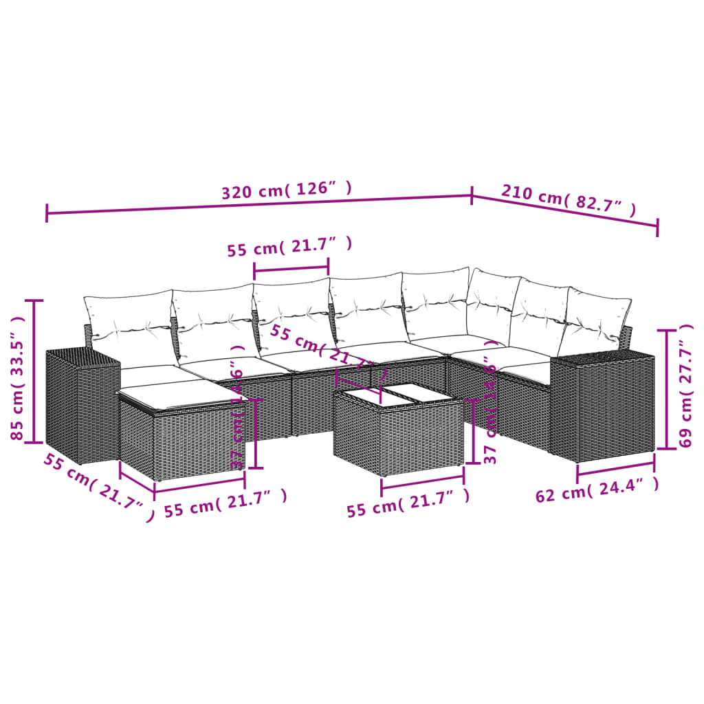 Set mobilier de grădină cu perne, 9 piese, negru, poliratan