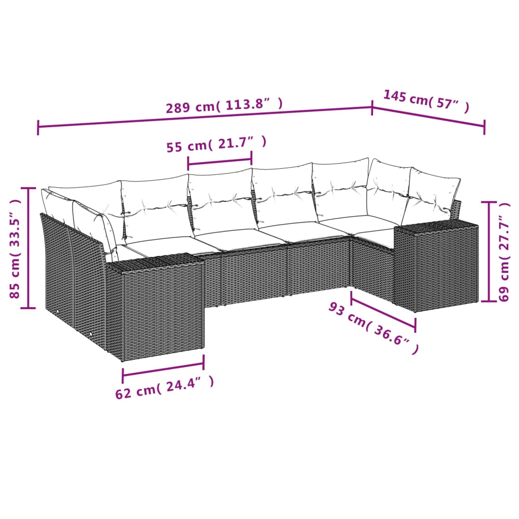 Set canapele de grădină cu perne, 7 piese, maro, poliratan