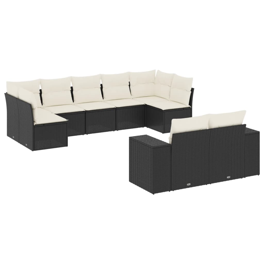 Set mobilier de grădină cu perne, 9 piese, negru, poliratan