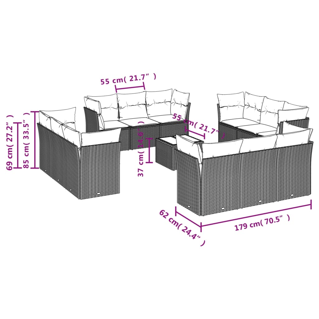 Set mobilier de grădină cu perne, 13 piese, gri, poliratan