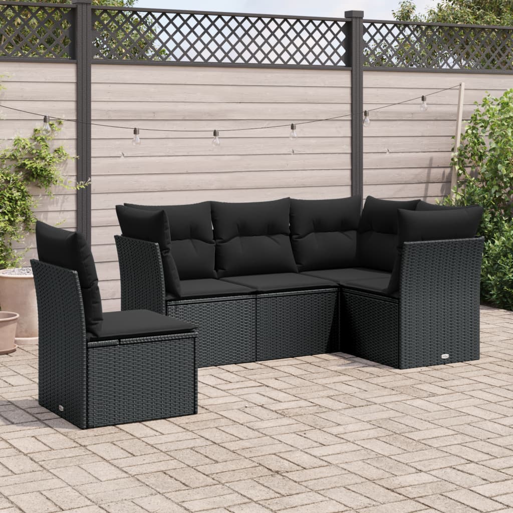 Set mobilier de grădină cu perne, 5 piese, negru, poliratan