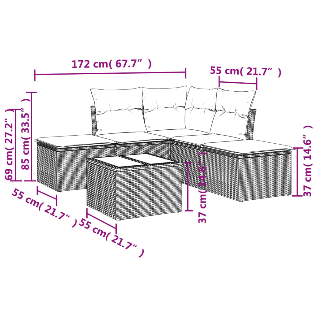 Set canapele de grădină cu perne, 6 piese, maro, poliratan