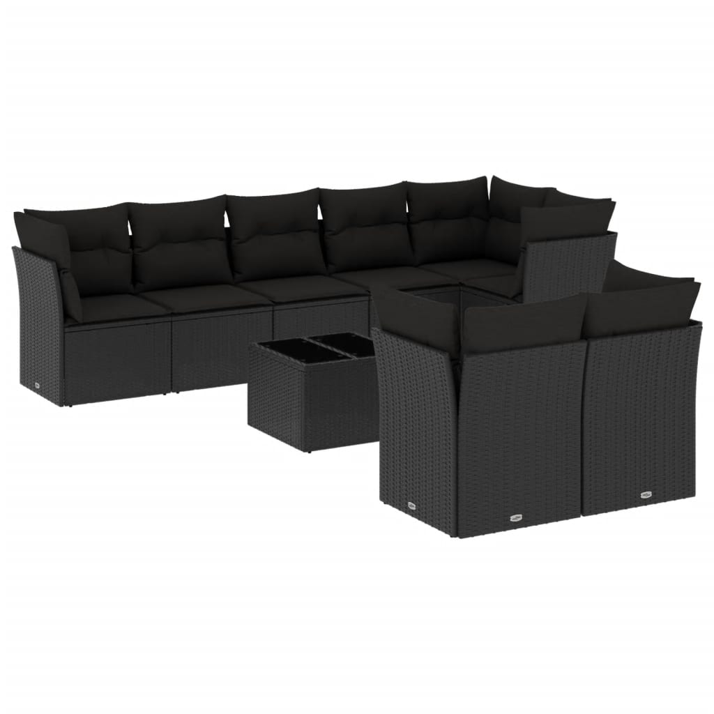 Set mobilier de grădină cu perne, 9 piese, negru, poliratan