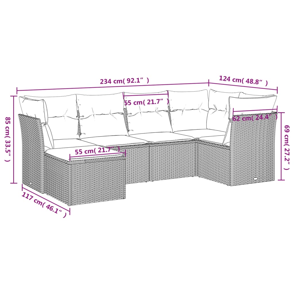 Set mobilier de grădină cu perne, 6 piese, negru, poliratan - Lando