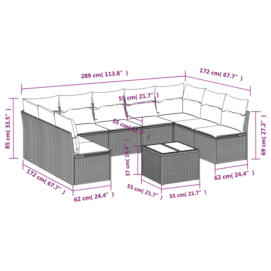 Set mobilier de grădină cu perne, 10 piese, gri, poliratan