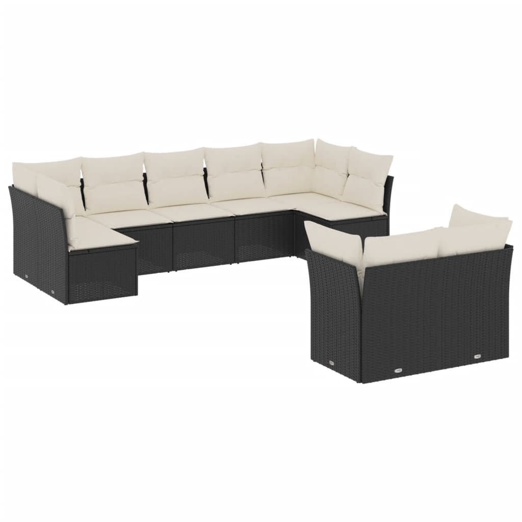 Set mobilier de grădină cu perne, 9 piese, negru, poliratan - Lando