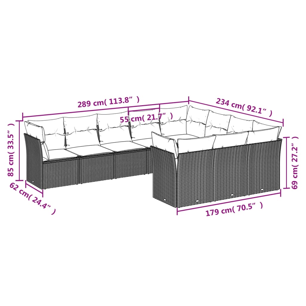 Set canapele de grădină cu perne, 10 piese, negru, poliratan - Lando