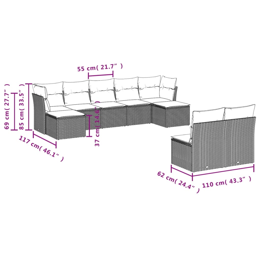 Set mobilier de grădină cu perne, 10 piese, gri, poliratan