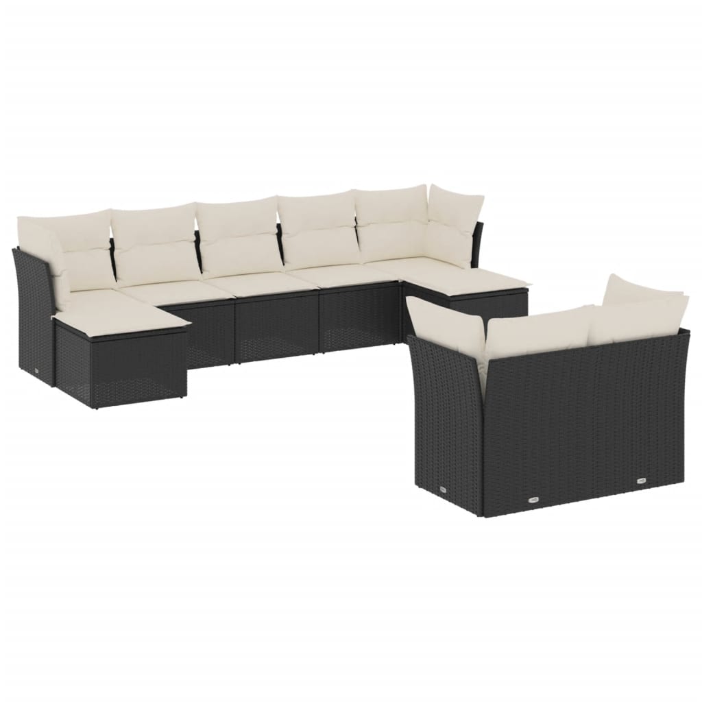 Set mobilier de grădină cu perne, 9 piese, negru, poliratan