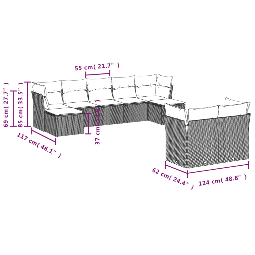 Set mobilier de grădină cu perne, 9 piese, negru, poliratan