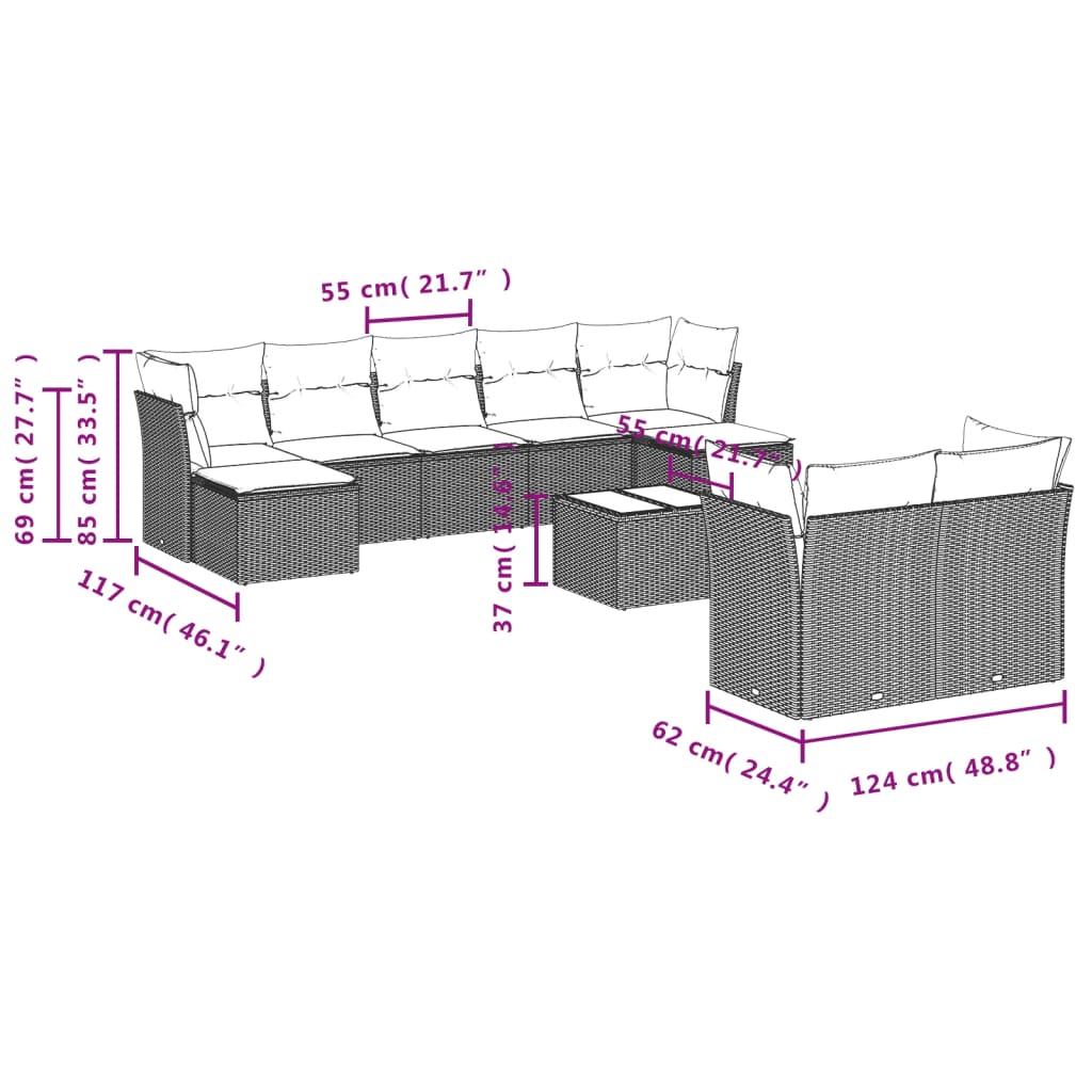 Set mobilier de grădină cu perne, 10 piese, gri, poliratan