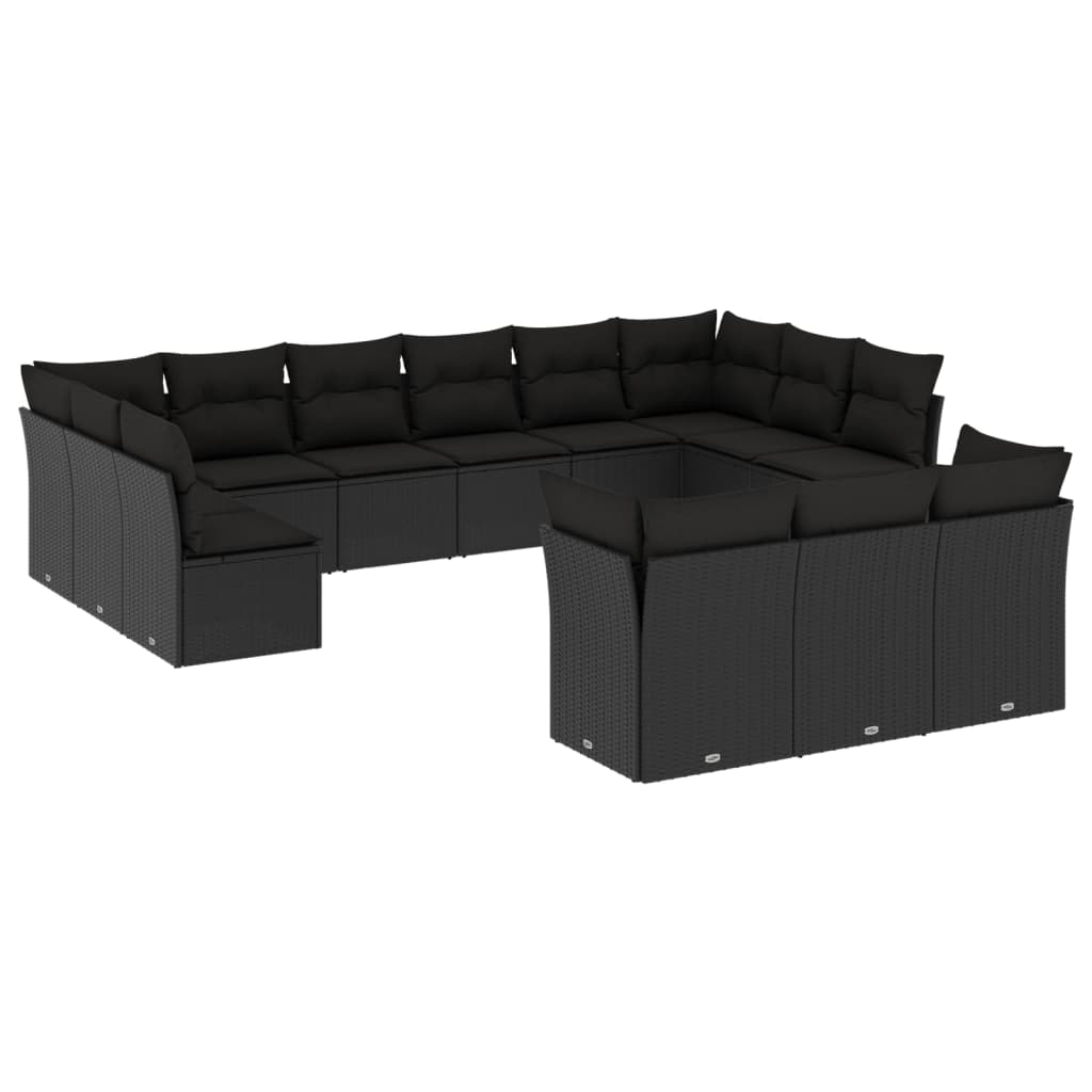 Set mobilier de grădină cu perne, 13 piese, negru, poliratan