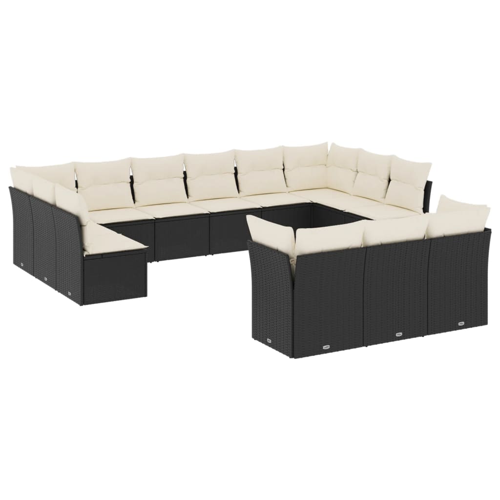 Set mobilier de grădină cu perne, 13 piese, negru, poliratan