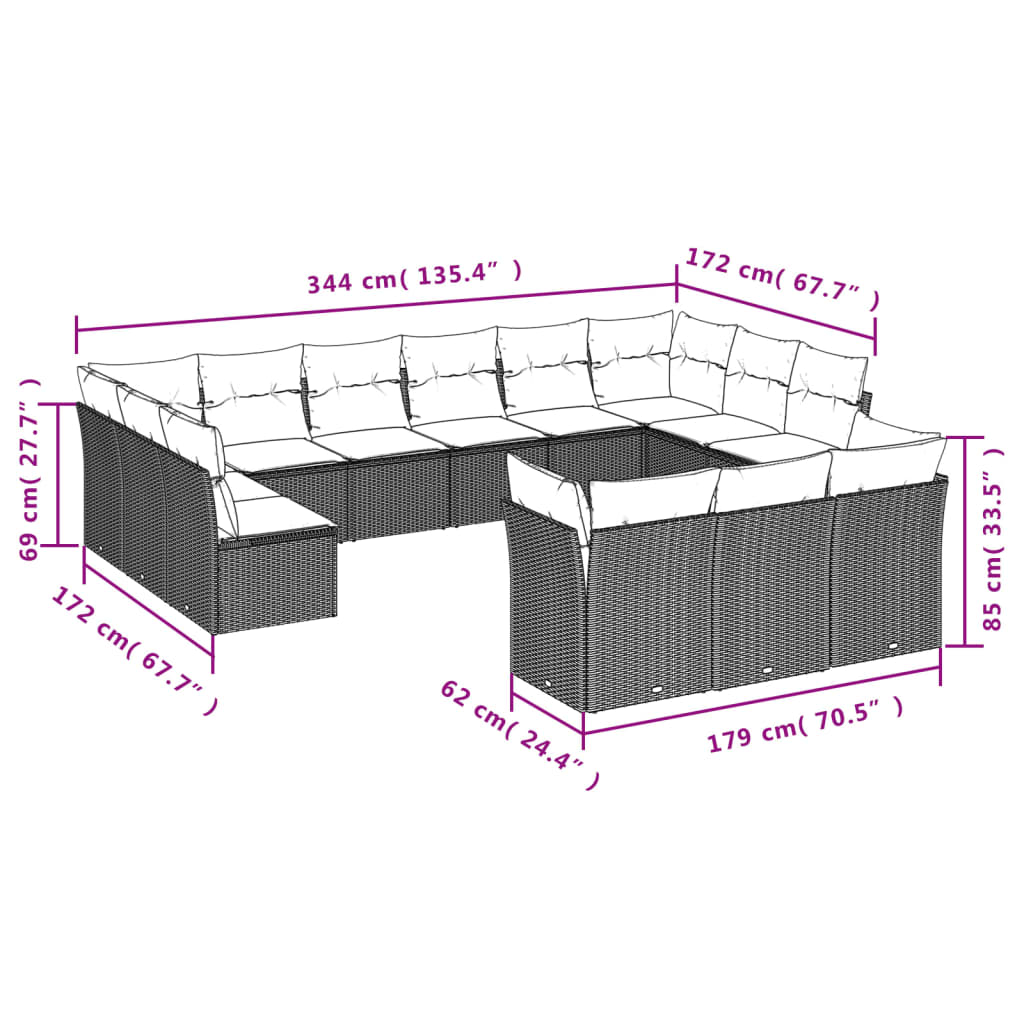 Set mobilier de grădină cu perne, 13 piese, negru, poliratan