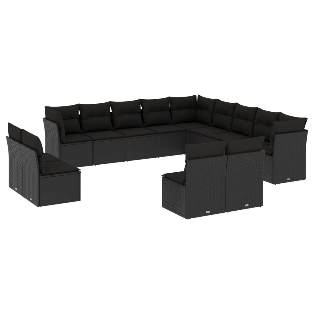 Set mobilier de grădină cu perne, 13 piese, negru, poliratan