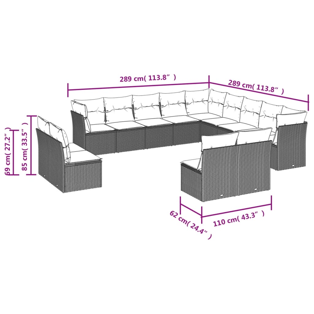 Set mobilier de grădină cu perne, 13 piese, negru, poliratan - Lando