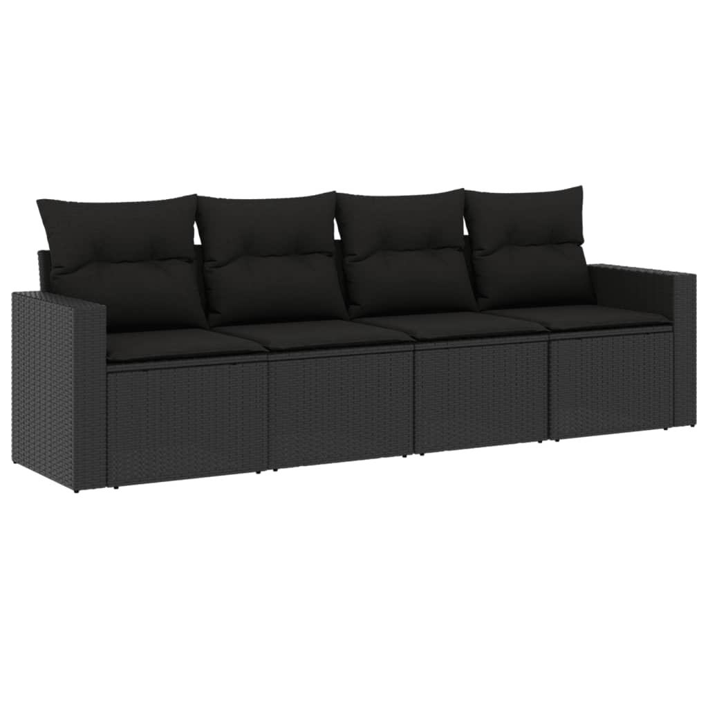 Set mobilier de grădină cu perne, 4 piese, negru, poliratan