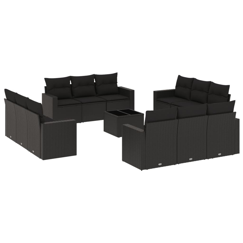 Set mobilier de grădină cu perne, 13 piese, negru, poliratan