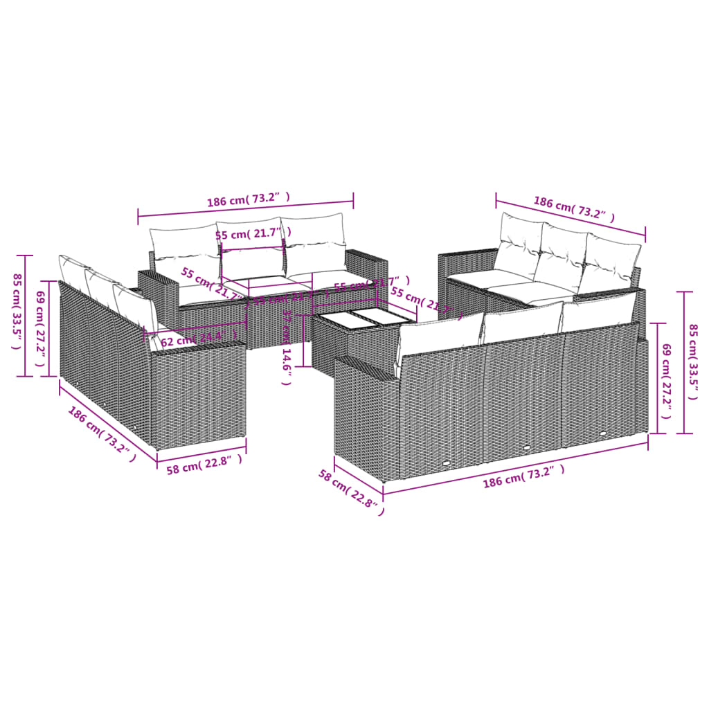 Set mobilier de grădină cu perne, 13 piese, gri, poliratan