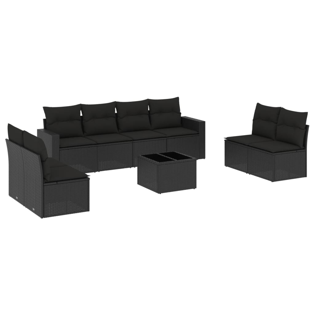 Set mobilier de grădină cu perne, 9 piese, negru, poliratan