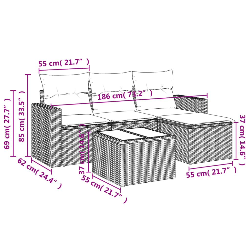 Set canapele de grădină cu perne, 5 piese, bej, poliratan